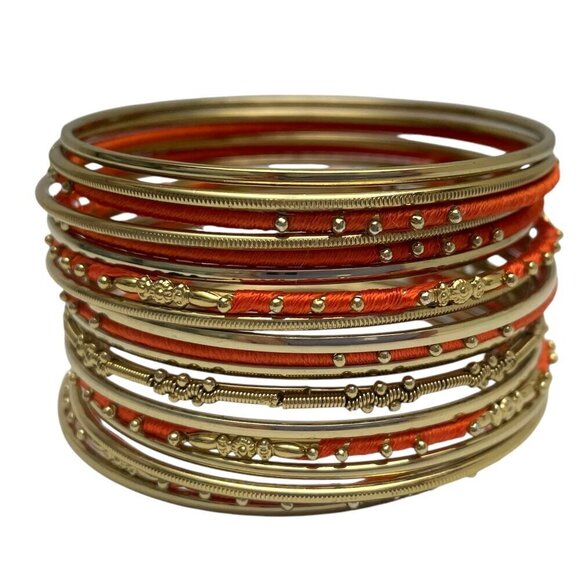 Amrita Singh Gold Tone Bangle Bracelet Set Orange Thread Wrapped 18 Bracelets - Picture 6 of 6